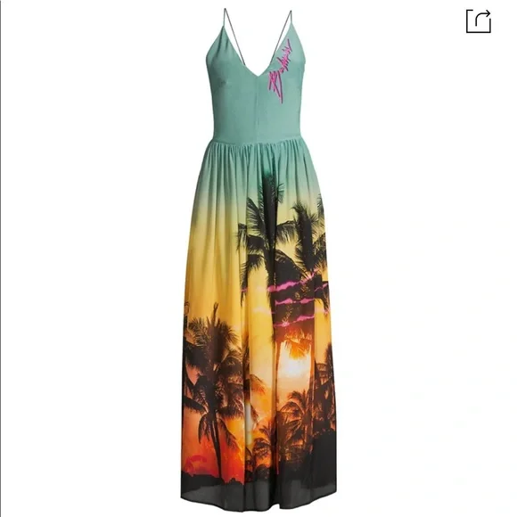 NWT XS Balmain Sunset Print Silk Maxi Cover-Up Dress - Picture 2 of 9
